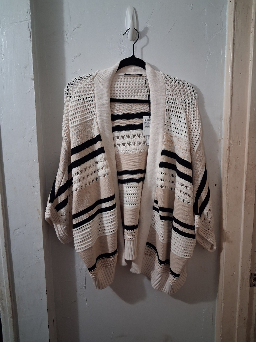 T Tahari Cream and Black Striped Open-Knit Cardigan